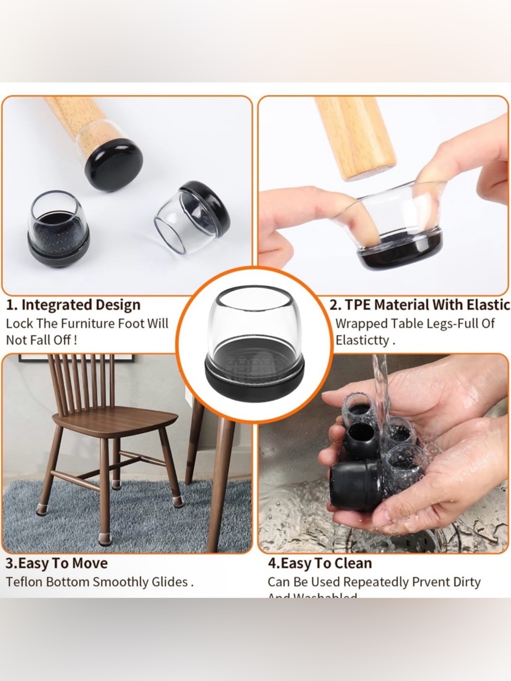 Clear Silicone Chair Leg Protector Sliders with Black Caps (24 Pc) - NWTO - Picture 4 of 9